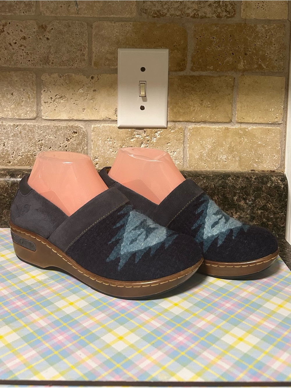 Born Navy and Teal Aztec Slip-On Clogs